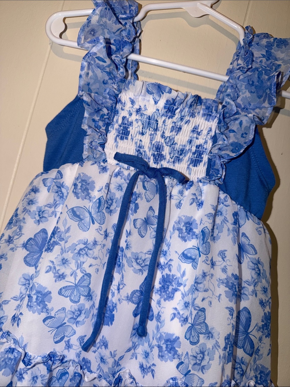 Blue Floral Ruffle Girls Dress with Butterfly Print - Picture 3 of 5